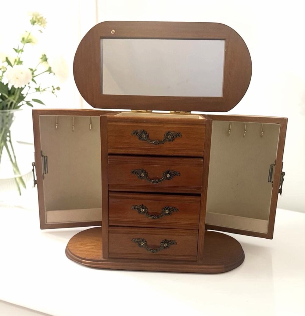 Vintage Wooden Jewelry Box Mirror Ring Necklace Bracelet Earring Organizer 3708C